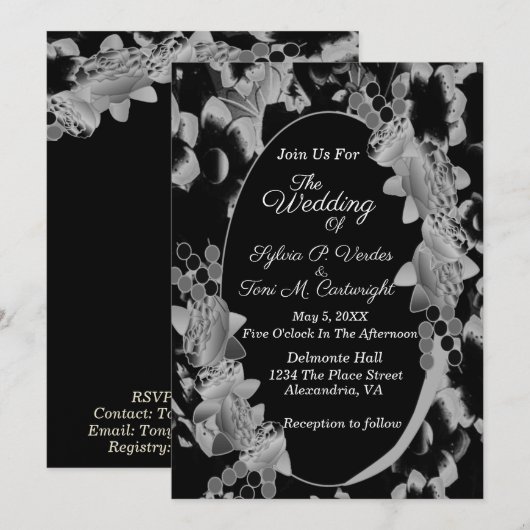 Floral Garden Wedding Black and White Oval Kaart (Voorkant / Achterkant)