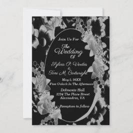 Floral Garden Wedding Black and White Oval Kaart