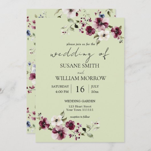 Floral Garden Wedding Elegante groene uitnodiging (Voorkant / Achterkant)