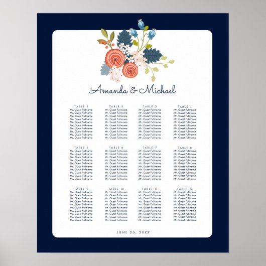 Floral Garden Wedding Reception Sezing Chart Poster (Voorkant)