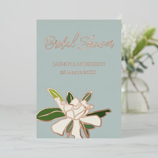 Floral Gardenia Simple Garden Vrijgezellenfeest Folie Uitnodiging (Staand Voorkant)