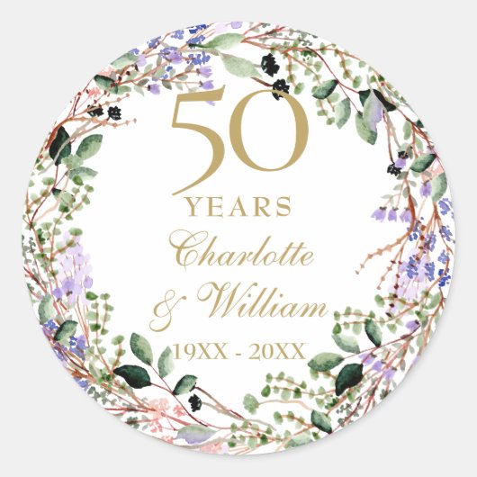 Floral Garland 50th Wedding Anniversary  Ronde Sticker (Voorkant)