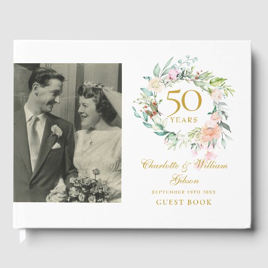Floral Garland 50th Wedding Jubileum Foto Gastenboek (Voorkant)