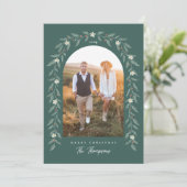 Floral Garland Boogfoto Groene Kerst Kaart (Staand voorkant)