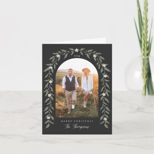 Floral Garland Boogfoto Zwarte Kerst Kaart (Voorkant)