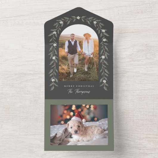 Floral Garland Boogfoto Zwarte Kerst Kaart (Binnen)