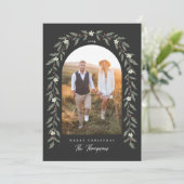 Floral Garland Boogfoto Zwarte Kerst Kaart (Staand voorkant)