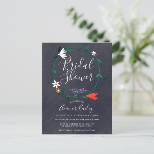 Floral Garland Chalkboard Vrijgezellenfeest Aankondigingskaart (Staand voorkant)