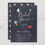 Floral Garland Chalkboard Vrijgezellenfeest Kaart<br><div class="desc">Met een moderne bloemenslinger van lentebloemen op een armoedige chique krijtbordachtergrond. Personaliseer de bruid om zijn naam in wit script en de vrijgezellenfeest details op deze elegante bruidsdouche uitnodiging. Het omgekeerde heeft een  madeliefpatroon. Ontworpen door Thisnotme©</div>