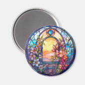 Floral Garland with Sunset Faux Stained-Glass Magneet (Voorkant / Achterkant)