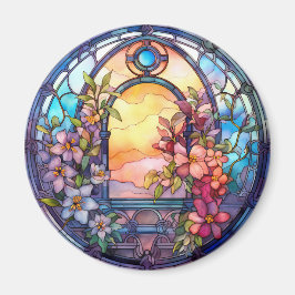 Floral Garland with Sunset Faux Stained-Glass Magneet
