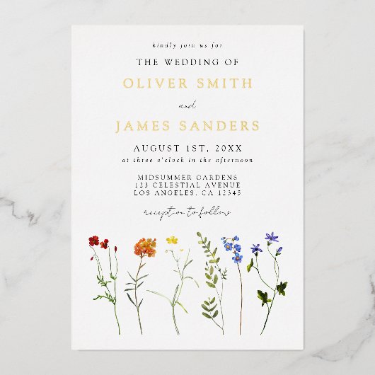 Floral Gay Pride bruiloft Folie Uitnodiging (Voorkant)