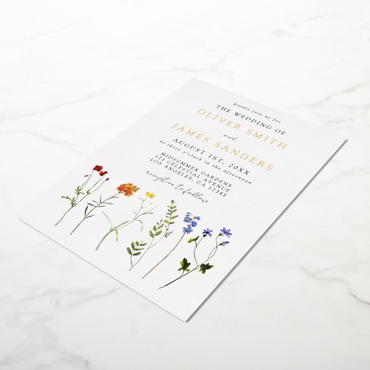 Floral Gay Pride bruiloft Folie Uitnodiging (Gedraaid)
