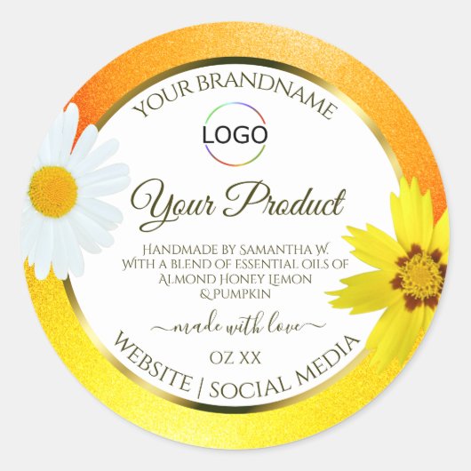 Floral Geel Oranje Wit Etiket met Logo (Voorkant)
