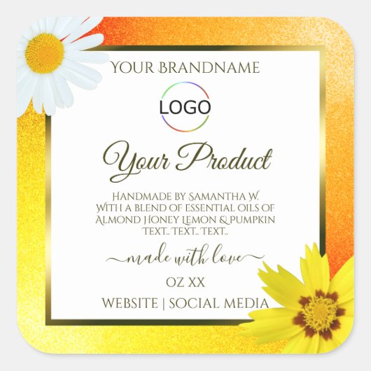 Floral Geel Oranje Wit Etiket met Logo (Voorkant)