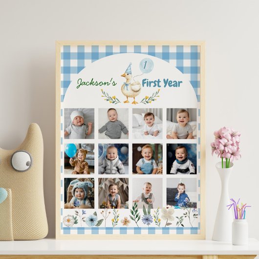 Floral Gekke Gans Eerste Jaar Foto Milestone Sign Poster