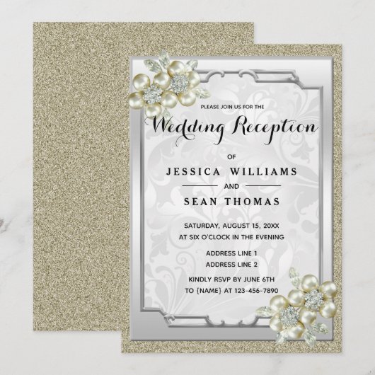 Floral Gem ingelijst, Goud & Zilver Bruiloft Recep Kaart (Voorkant / Achterkant)