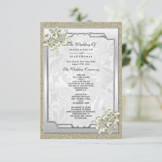 Floral Gem ingelijst, Goud & Zilver Huwelijksprogr (Staand voorkant)