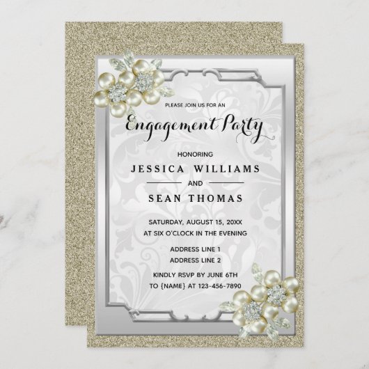 Floral Gem Silver ingelijst, Goud & Zilver Verlovi Kaart (Voorkant / Achterkant)