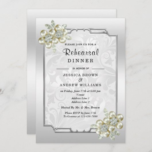 Floral Gem, Zilver ingelijst Huwelijksdiner repeti Kaart (Voorkant / Achterkant)