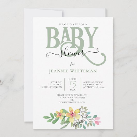Floral GENDER NEUTRAL BABY SHOWER Invitation Kaart (Voorkant)