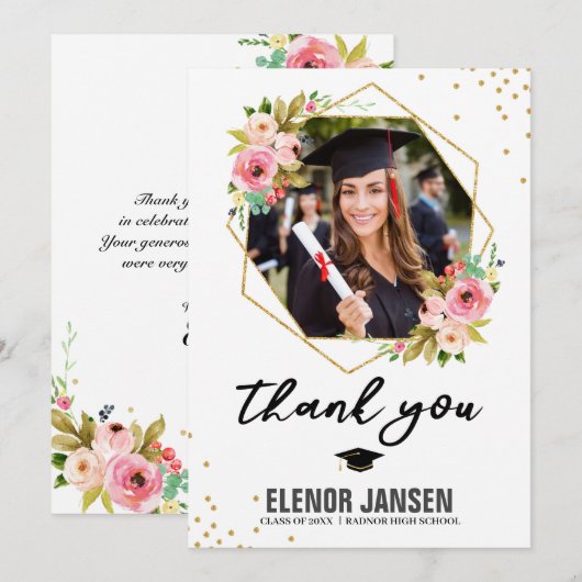 Floral Geometric Afstuderen Hand Lettering Foto Bedankkaart (Voorkant / Achterkant)