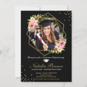 Floral Geometric Black en Gold Afstuderen Foto Kaart (Voorkant)