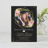 Floral Geometric Black en Gold Afstuderen Foto Kaart (Staand voorkant)