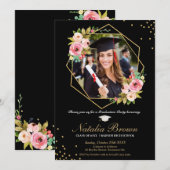 Floral Geometric Black en Gold Afstuderen Foto Kaart (Voorkant / Achterkant)