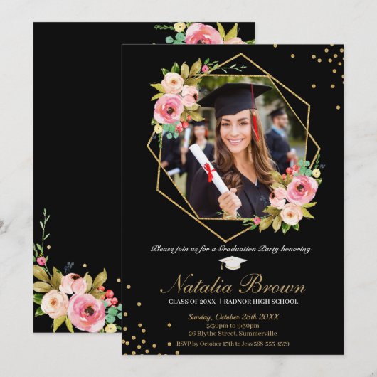 Floral Geometric Black en Gold Afstuderen Foto Kaart (Voorkant / Achterkant)