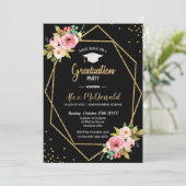 Floral Geometric Black en Gold Graduation Party Kaart (Staand voorkant)
