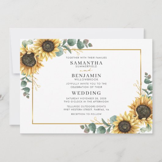 Floral Geometric Eucalyptus Sunflower Wedding Kaart (Voorkant)