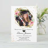 Floral Geometric Gold Glitter Afstuderen Foto Kaart (Staand voorkant)