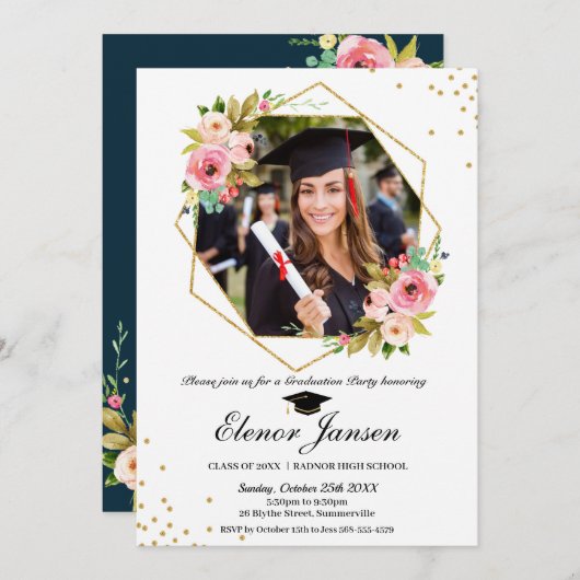 Floral Geometric Gold Glitter Afstuderen Foto Kaart (Voorkant / Achterkant)