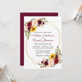 Floral Geometric Gold Lijst Burgundy Wedding Kaart