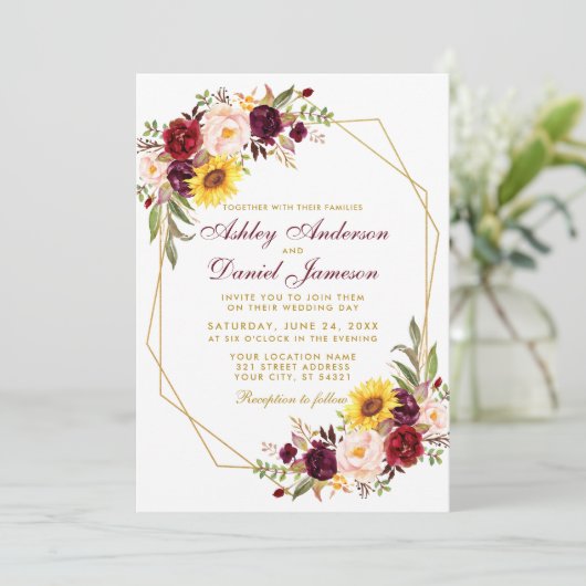 Floral Geometric Gold Lijst Wedding Burgundy Kaart (Staand voorkant)