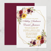 Floral Geometric Gold Lijst Wedding Burgundy Kaart (Voorkant / Achterkant)