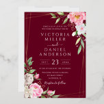 Floral Geometric Gold Wedding de Bourgogne Waterve Folie Uitnodiging<br><div class="desc">Een elegante brutale trouwuitnodiging met blauw roze waterverf bloemen met moderne handgeschreven kalligrafie op een roodbruine achtergrond.</div>