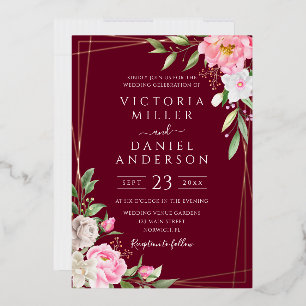 Floral Geometric Gold Wedding de Bourgogne Waterve Folie Uitnodiging