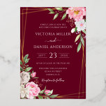 Floral Geometric Gold Wedding de Bourgogne Waterve Folie Uitnodiging<br><div class="desc">Een elegante brutale trouwuitnodiging met blauw roze waterverf bloemen met moderne handgeschreven kalligrafie op een roodbruine achtergrond.</div>