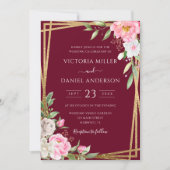 Floral Geometric Gold Wedding de Bourgogne Waterve Kaart (Voorkant)