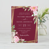 Floral Geometric Gold Wedding de Bourgogne Waterve Kaart (Staand voorkant)