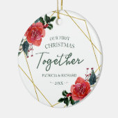 Floral Geometric Ons Eerste Kerstfeest Samen Keramisch Ornament (Links)