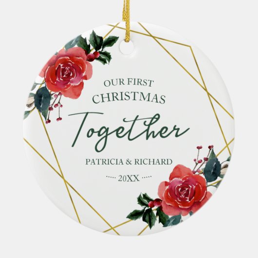 Floral Geometric Ons Eerste Kerstfeest Samen Keramisch Ornament (Achterkant)