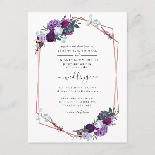 Floral Geometric Purple Flowers Wedding Uitnodiging Briefkaart (Voorkant)