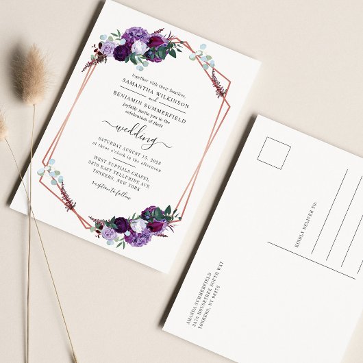 Floral Geometric Purple Flowers Wedding Uitnodiging Briefkaart