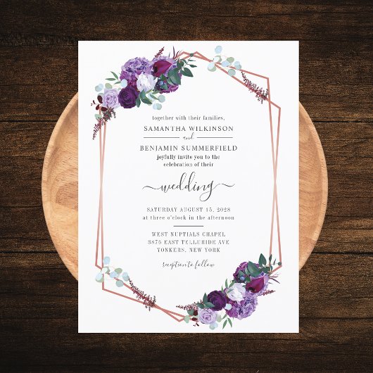 Floral Geometric Purple Flowers Wedding Uitnodiging Briefkaart