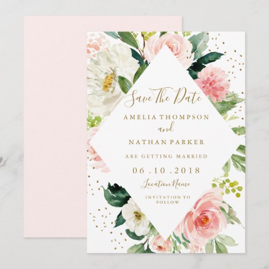 Floral Geometric Roze Blush Gold Save the Date Kaart (Voorkant / Achterkant)