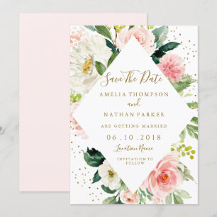 Floral Geometric Roze Blush Gold Save the Date Kaart