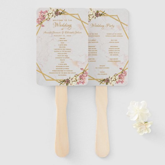 Floral Geometry Marble Gold Orchid huwelijksprogra Handwaaier (Voorkant en achterkant)